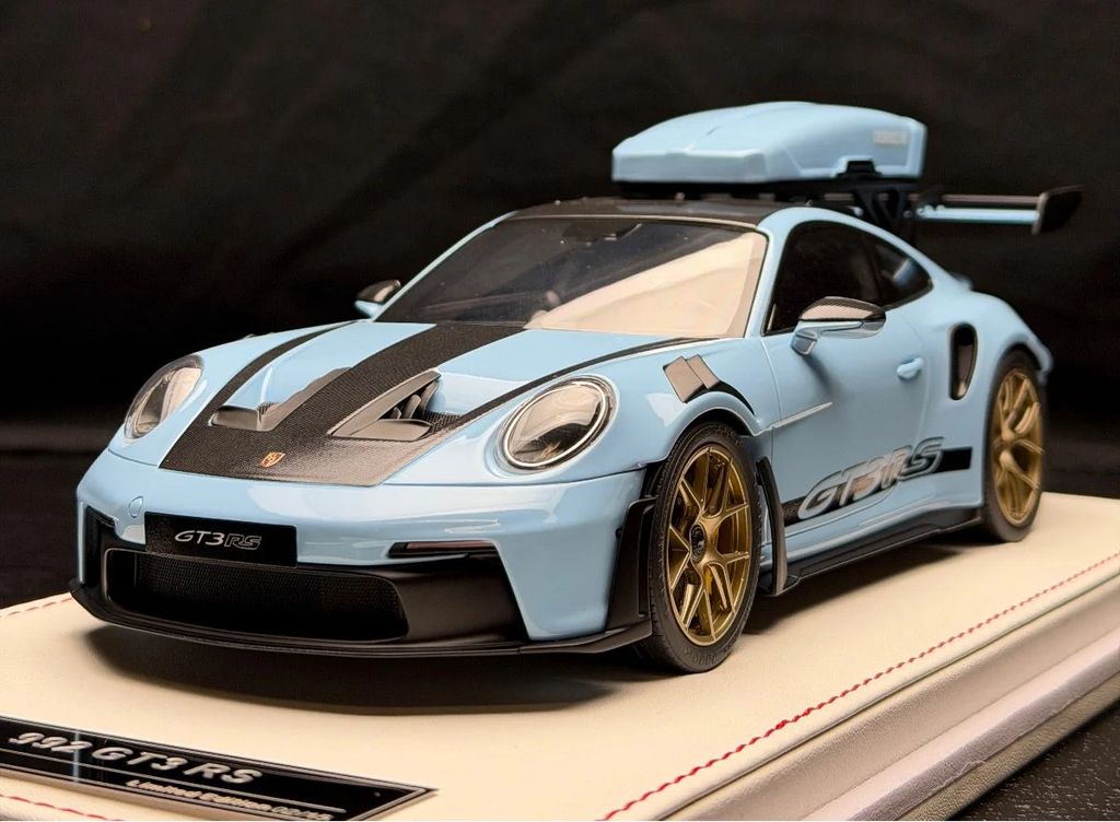 1/18 Ivy Merit Porsche 911 (992) GT3 RS (Gulf Blue with Black Livery & Gold Wheels) Car Model with Detachable Roof Rack Limited 15 Pieces