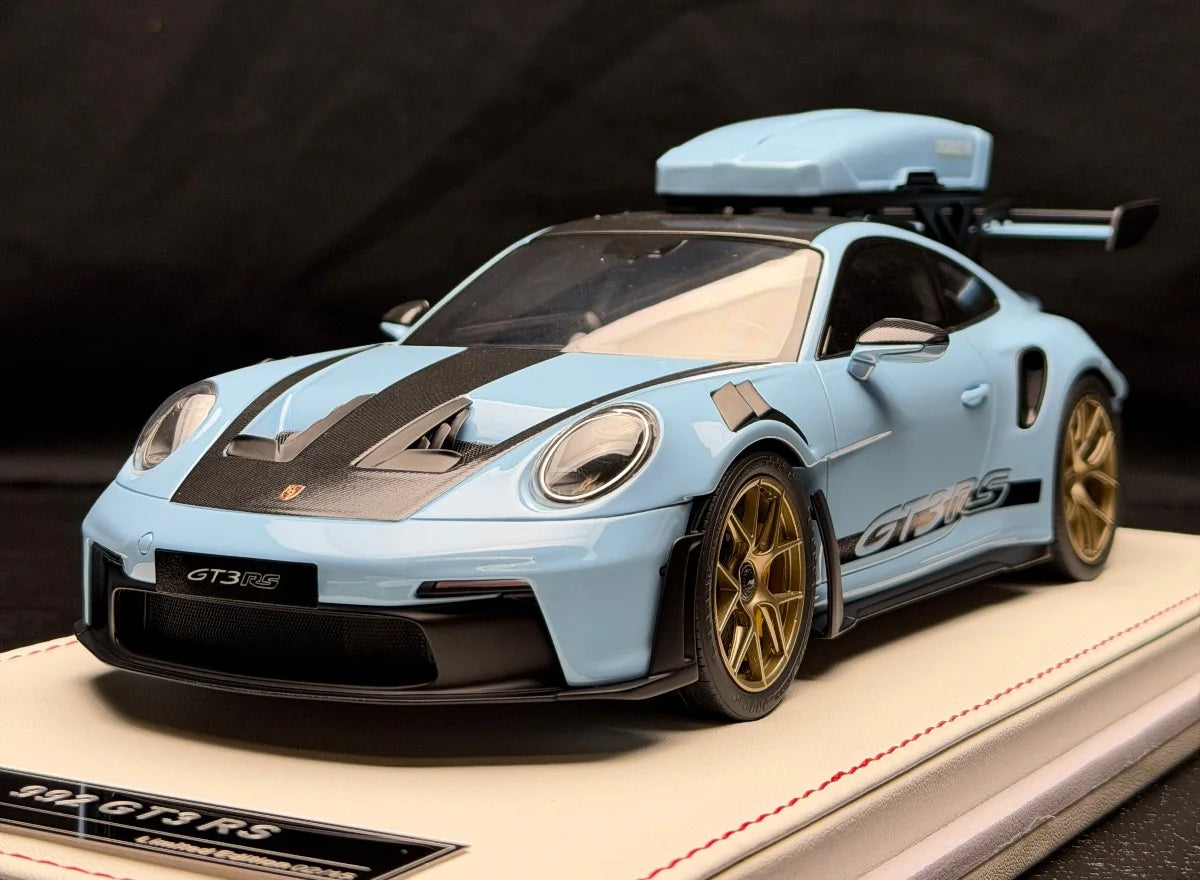 1/18 Ivy Merit Porsche 911 (992) GT3 RS (Gulf Blue with Black Livery & Gold Wheels) Car Model with Detachable Roof Rack Limited 15 Pieces