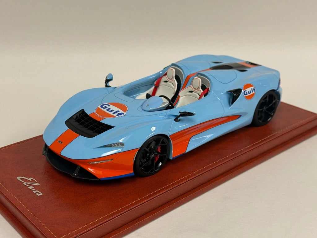 Preorder 1/18 AB Models McLaren Elva in Gulf Blue from 2019 on leather base Leather Base