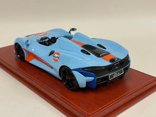 1/18 AB Models McLaren Elva in Gulf Blue from 2019 on leather base Leather Base