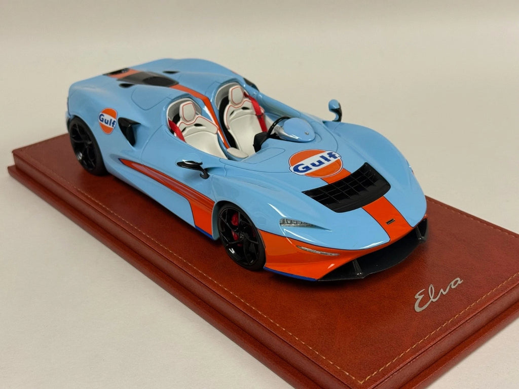 Preorder 1/18 AB Models McLaren Elva in Gulf Blue from 2019 on leather base Leather Base